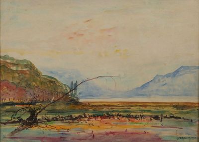 une image représentant un tableau représentant un paysage avec un lac et des montagnes en arrière-plan