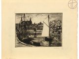 an image of a drawing of a sailboat on a body of water with a city in the background