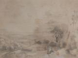 dessin d'un paysage avec des arbres et une rivière au premier plan