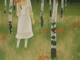 a painting of a woman in a white dress and hat in a field of poppies