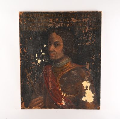 un vieux tableau représentant un homme vêtu d'un costume rouge et or