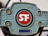 a close up of a stop sign on a bicycle