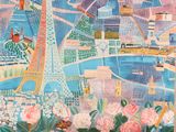 tableau représentant la tour Eiffel à Paris, avec des fleurs au premier plan