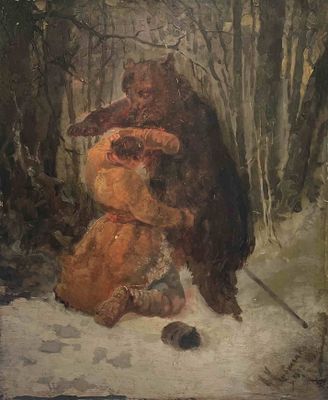 un tableau représentant deux ours qui s'étreignent dans les bois