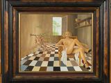 tableau représentant une femme nue assise sur un sol à carreaux dans une pièce