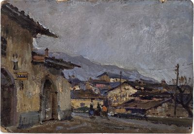 an image of a painting of a street scene with a horse and buggy