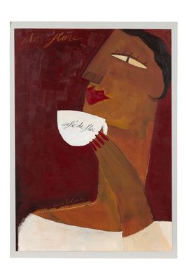 un tableau représentant une femme tenant une tasse de café à la main