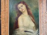 a painting of a woman with long red hair in a white dress