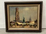 painting of a market scene with a clock tower in the background
