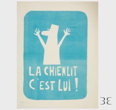 une affiche bleue et blanche avec un chien au centre
