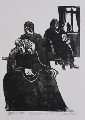 an image of a black and white drawing of two people sitting on a bench