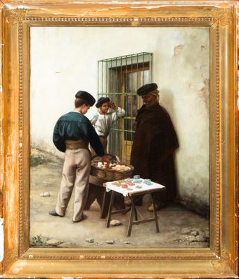 a painting of two men standing in front of a building
