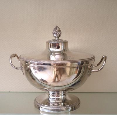 a silver bowl with a pine on top of it