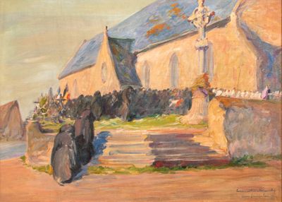 an oil painting of a woman walking down a path in front of a church