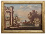 a painting of a river scene with a castle in the background