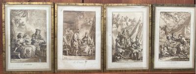 three framed pictures of a group of people in a room