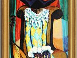 une peinture à l'huile représentant un homme coiffé d'un chapeau de cow-boy, assis sur une chaise avec une guitare