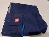 the pants are blue and have a red tag on them