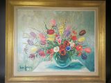 une peinture de fleurs dans un vase sur une table