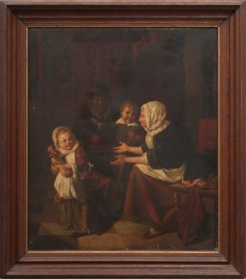 un vieux tableau représentant une femme et un enfant dans une pièce avec un homme et une femme