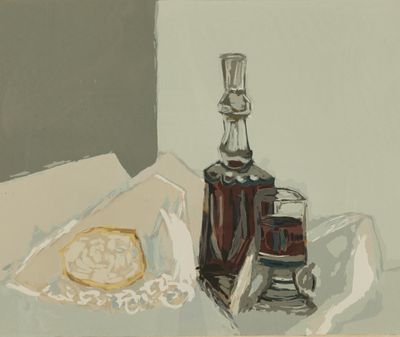 une peinture représentant une bouteille et un verre posés sur une table