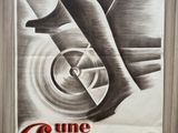 an old poster of a woman ' s legs on a wheel