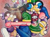 tableau représentant un groupe de personnages de dessins animés assis sur une table