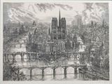 dessin représentant une vue d'une ville avec un pont enjambant une rivière