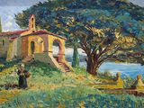 an oil painting of a church on a hill overlooking a body of water