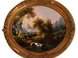 an image of a painting of a mountain scene with a river and a man in a boat