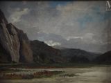 une peinture à l'huile représentant une scène de montagne avec une rivière au premier plan