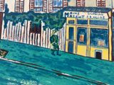 une peinture représentant un immeuble situé à l'angle d'une rue