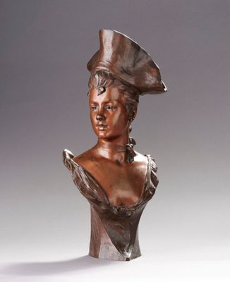 buste en bronze représentant une femme coiffée d'un chapeau