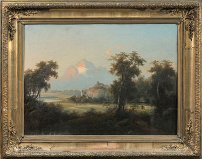 l'image d'un tableau représentant un paysage avec un château au loin