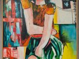 une peinture à l'huile représentant une femme assise sur un banc, coiffée d'un chapeau
