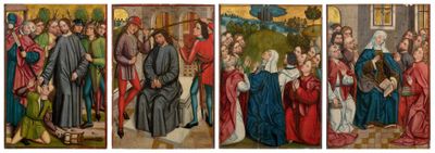 four panels of a painting of a group of people