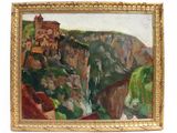 une image représentant un tableau d'un château au sommet d'une montagne