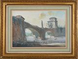 l'image d'une peinture représentant un pont au-dessus d'une étendue d'eau