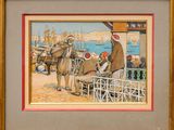 une image représentant un tableau où l'on voit un homme debout à côté d'un cheval et d'une calèche