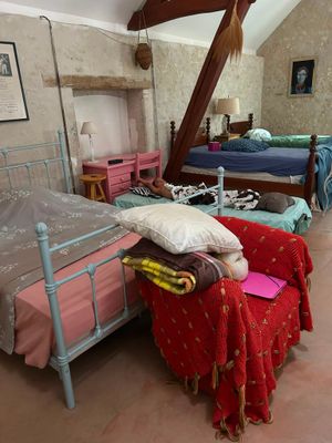 many beds in this room with a canopy over them
