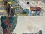 three pictures of a painting of a bridge and a building