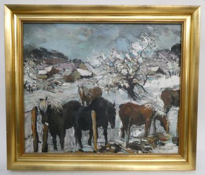 une peinture représentant un groupe de chevaux debout dans la neige