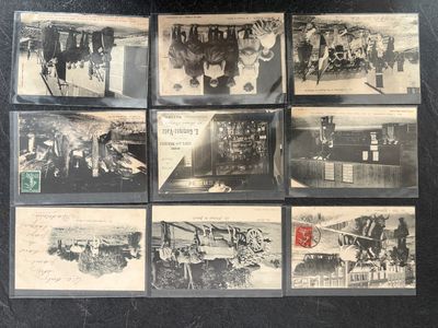 several old black and white photographs of people in a train station