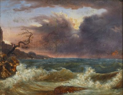 une image représentant un tableau où l'on voit des vagues se briser sur un rivage rocheux