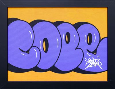 purple and yellow graffiti on a yellow background with a black frame