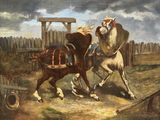 a painting of a man riding a horse and another man on a horse