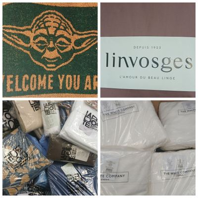 several pictures of various items that include towels, pillows, and a star wars logo