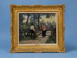 tableau représentant deux hommes assis sur un banc dans un parc