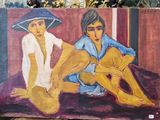 painting of two women sitting on a couch with a hat on