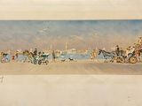 a painting of a horse drawn carriage on the beach